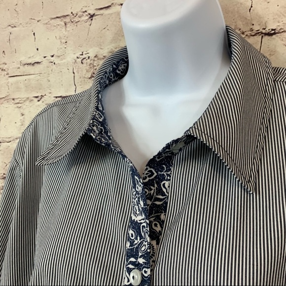 Susan Graver Navy Striped Button Front Contrast Floral Trim Long Sleeve Shirt - Picture 5 of 14